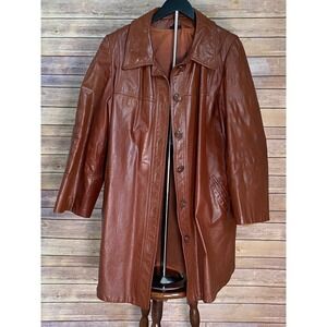 Vintage 70s Opera Leather Jacket Brown Mid Length Car Coat Size 18 Plus Size